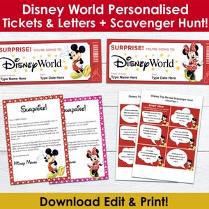 WDW Florida Vacation Trip Reveal Kit | Editable Mickey & Minnie Park Tickets, letters + Scavenger Hunt | Instant PDF Download Print at Home