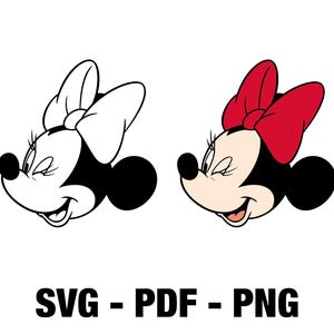 May include: Two images of a cartoon mouse head, one in black and white and the other in color. The colored image features a red bow, black ears, and a beige face. The text "SVG - PDF - PNG" is displayed below the images.