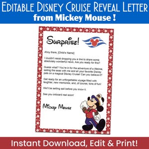 Carta de crucero personalizada de Mickey Mouse: PDF digital editable, descargable, imprimible en casa, revelación de viaje en crucero