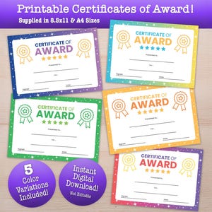 Printable Award Certificates | Recognition Certificate | School, Classroom, Student Achievement | 5 Color Variations | Instant Download