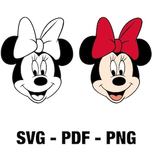 May include: Two Minnie Mouse head illustrations. One is a black and white outline, the other is colored with a red bow. The text "SVG - PDF - PNG" is below the illustrations.