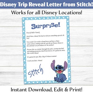 Carta personalizada de Stitch: PDF digital editable, descargable, imprimible en casa, para revelar tu viaje a París, California o Florida, como recuerdo.