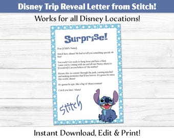 Personalized Letter from Stitch – Editable Digital Download PDF, Print at Home, Paris California or Florida Trip Reveal, Keepsake