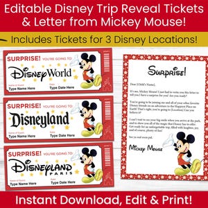 Ingressos personalizados e carta do Mickey Mouse | Download digital editável em PDF | Imprimir em casa | Revelação da viagem para Paris, Califórnia e Flórida