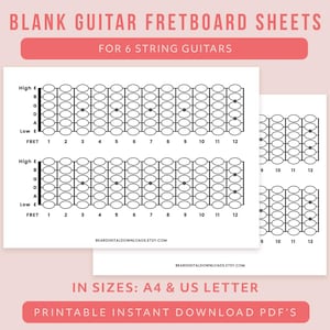 Può includere: Fogli di tastiera per chitarra vuoti stampabili per chitarre a 6 corde. Disponibili nei formati A4 e US Letter. Il testo sull'immagine recita: "BLANK GUITAR FRETBOARD SHEETS FOR 6 STRING GUITARS".