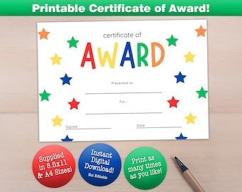 May include: Printable certificate of award template with a colorful "AWARD" title and stars. The certificate is available as an instant digital download in 8.5x11 and A4 sizes.