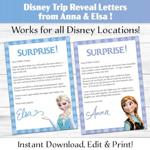 Cartas personalizadas de Frozen da Rainha Elsa e Anna – PDF digital editável para download, impressão em casa, revelação de viagem para Paris, Califórnia e Flórida