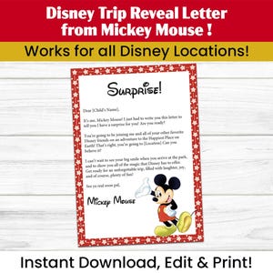 Carta personalizada do Mickey Mouse – PDF digital editável para download, impressão em casa, revelação de viagem para Paris, Califórnia ou Flórida, lembrança