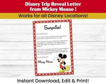 Carta personalizada de Mickey Mouse: PDF digital editable, descargable, imprimible en casa, para revelar tu viaje a París, California o Florida, como recuerdo.