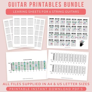 Guitar Learning Bundle – Printable Chord Charts, Fretboard Diagrams and Lesson Sheets | 6-String Guitar PDF Pack for Practice and Teaching