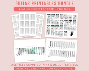 Gitarren-Lern-Bundle - Druckbare Akkordtabellen, Griffbrettdiagramme und Unterrichtsblätter | 6-Saitiges Gitarren PDF Paket zum Üben und Lehren