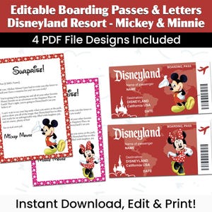 Revelação de viagem para parques temáticos da Califórnia | Cartões de embarque editáveis + cartas do Mickey e da Minnie | Ingressos para impressão | Download digital de PDFs