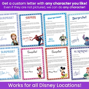 Carta personalizada de cualquier personaje de Disney / PDF editable / Mensaje personalizado para revelación de viaje, cumpleaños o sorpresa especial
