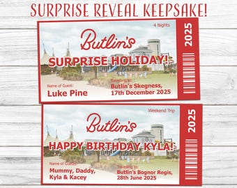 Print-at-home, Butlins Ticket, Birthday or Surprise Trip Reveal, PDF Keepsake