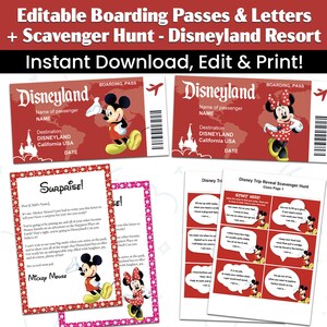 Pacote de Revelação de Viagem a Parques Temáticos da Califórnia | Cartas Editáveis do Mickey e da Minnie | Cartões de Embarque, Caça ao Tesouro | Download Instantâneo de PDFs