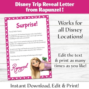 Carta personalizada da Princesa Enrolada da Rapunzel – PDF digital editável para download, impressão em casa, revelação de viagem para Paris, Califórnia ou Flórida
