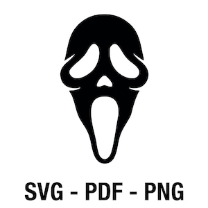 May include: A black graphic illustration of a stylised ghost face mask with large hollow eyes and an elongated open mouth. Below the graphic, the text reads SVG - PDF - PNG in a bold, black, sans-serif font, indicating available file formats.
