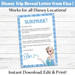 Carta personalizada de la Princesa Frozen de Elsa: PDF digital editable, descargable, imprimible en casa, para revelar tu viaje a París, California o Florida.