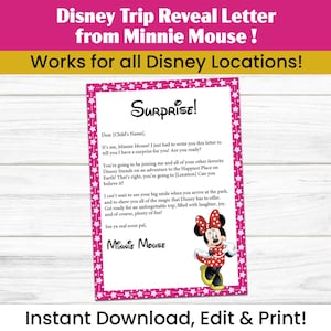 Carta personalizada da Minnie Mouse – PDF digital editável para download, impressão em casa, revelação de viagem para Paris, Califórnia ou Flórida, lembrança