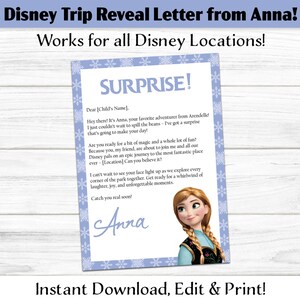 Carta personalizada da Princesa Frozen da Anna – PDF digital editável para download, impressão em casa, revelação de viagem para Paris, Califórnia ou Flórida