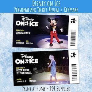 May include: Two printable Disney On Ice tickets with a black background and white text. The top ticket features Mickey Mouse on ice skates and the bottom ticket features Elsa from Frozen on ice skates. Both tickets have a barcode and space for the guest's name, location, and date.