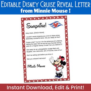 Carta de crucero personalizada de Minnie Mouse: PDF digital editable, descargable, imprimible en casa, revelación de viaje en crucero