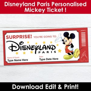 Bearbeitbares Paris Theme Park Trip Ticket • Überraschungsurlaub offenbaren • Mickey Mouse-Andenken • Digitaler Download PDF • Drucken zu Hause