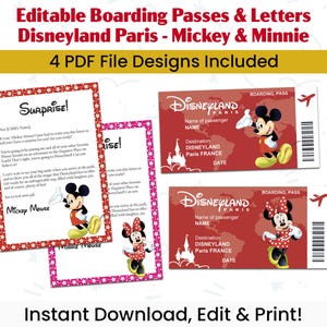Pases de abordar editables para el parque temático de París • Juego de cartas de Mickey y Minnie • Revelación de viaje sorpresa • Descarga digital • PDF para imprimir en casa