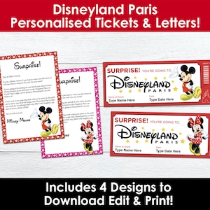 Entradas y cartas editables para el parque temático de París / Revelación del viaje de Mickey y Minnie / Descarga digital en PDF / Kit sorpresa para imprimir en casa
