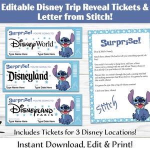 Ingressos e carta personalizados da Stitch | Download digital editável em PDF | Imprimir em casa | Revelação de viagem de Paris, Califórnia e Flórida | Lembrança