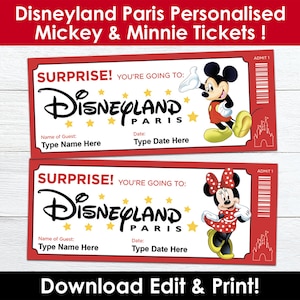 Bearbeitbare Mickey & Minnie Tickets • Paris Themenpark Überraschungsenthüllung • Weihnachtsgeschenk • Sofortiger digitaler Download PDF • Drucken zu Hause