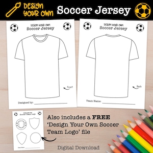 Peut inclure: Modèle de maillot de football imprimable avec deux maillots vierges, un pour l'avant et un pour l'arrière. Le modèle comprend un espace pour écrire le nom de l'équipe et le nom du concepteur du maillot. L'image comprend également un ballon de football et une feuille séparée avec quatre designs de logo d'équipe de football différents.