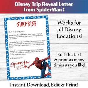 Carta personalizada de superhéroe de Spider-Man: PDF digital editable, descargable, imprimible en casa, para viaje a París, California o Florida.