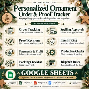 Puede incluir: Una plantilla digital de Google Sheets titulada Personalized Ornament Order & Proof Tracker. Incluye secciones para seguimiento de pedidos, aprobaciones de ortografía, revisiones, precios, pagos, producción y fechas de envío.