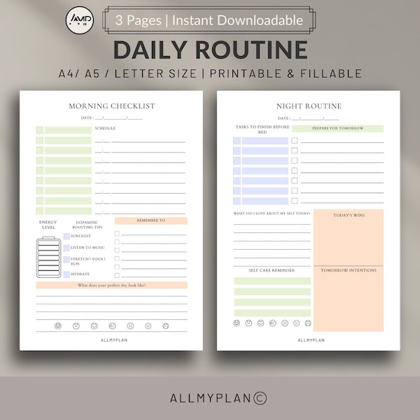 Daily Routine Template, Morning checklist, Evening Routine, custom routine| A4/A5/Letter | Printable,Digital + Fillable | Instant Download