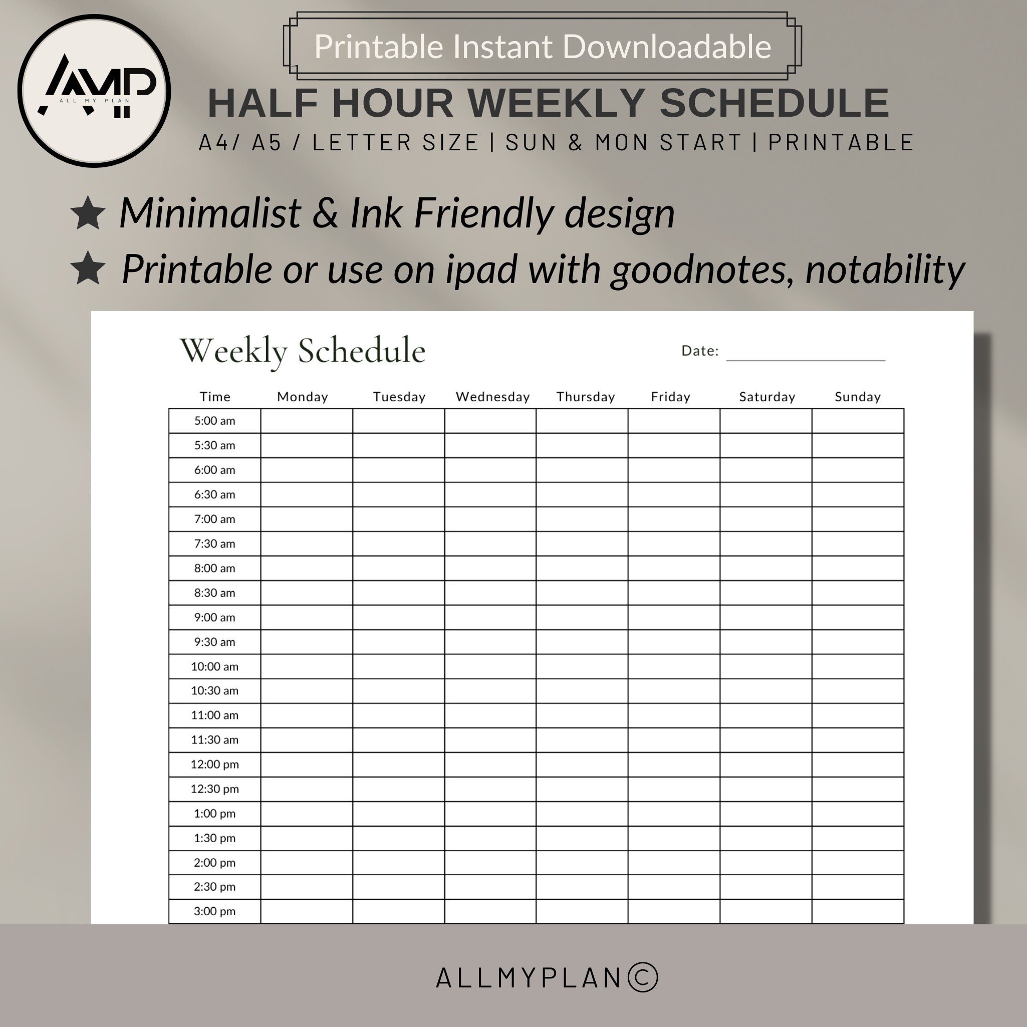 Weekly Half Hour Schedule | Weekly Planner: 5am-11pm |sun/mon Start ...