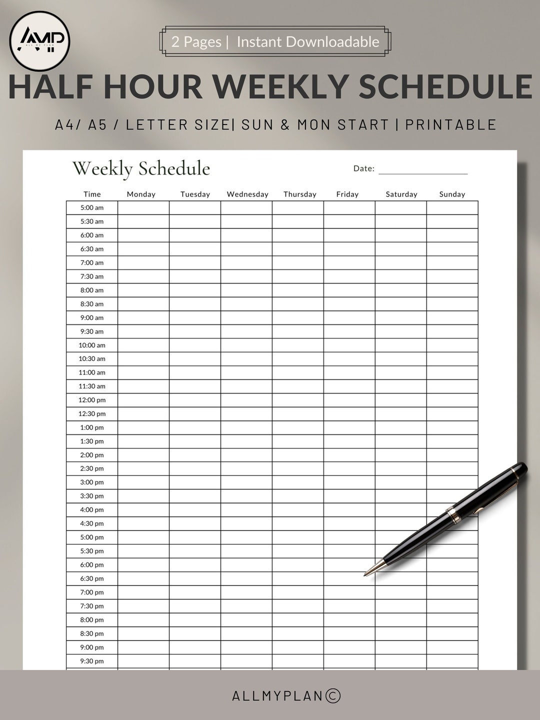 Weekly Half Hour Schedule | Weekly Planner: 5am-11pm |sun/mon Start ...