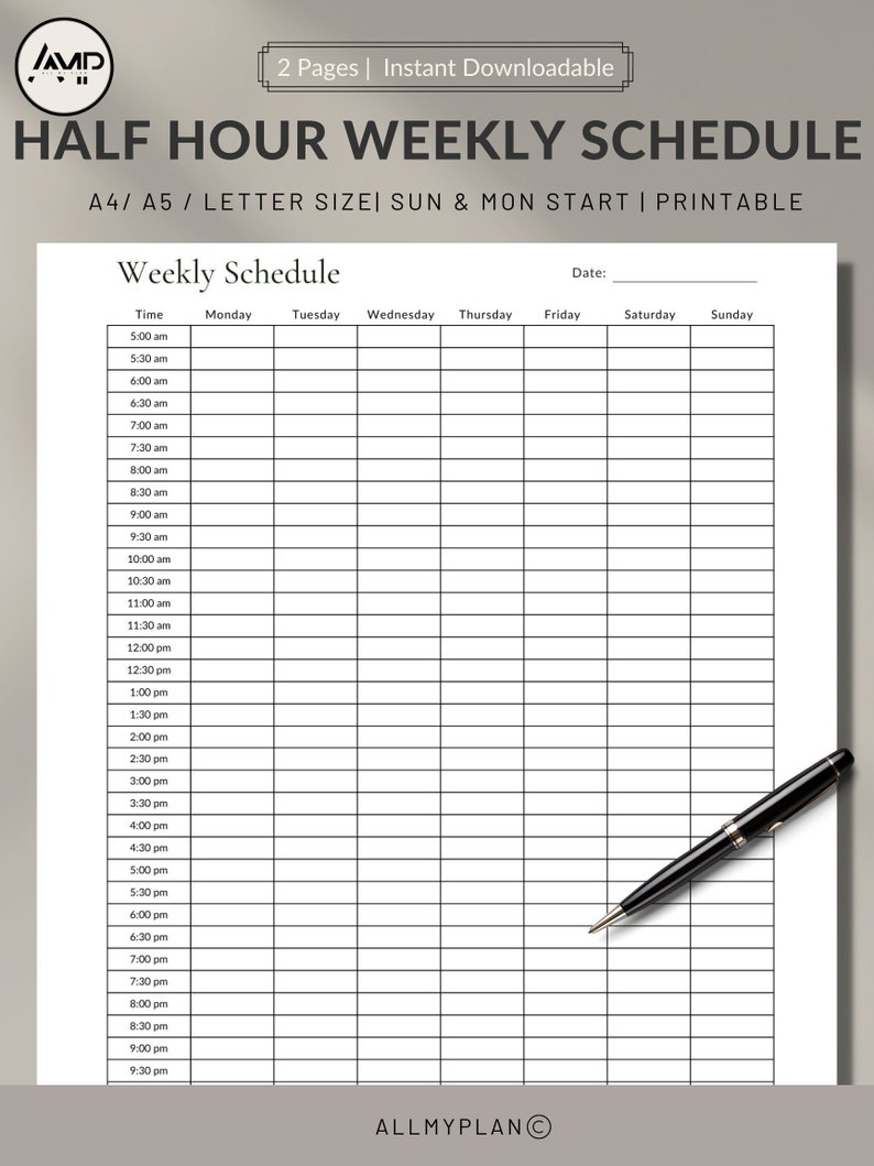 Weekly half hour schedule weekly planner 5am 11pm sun mon start