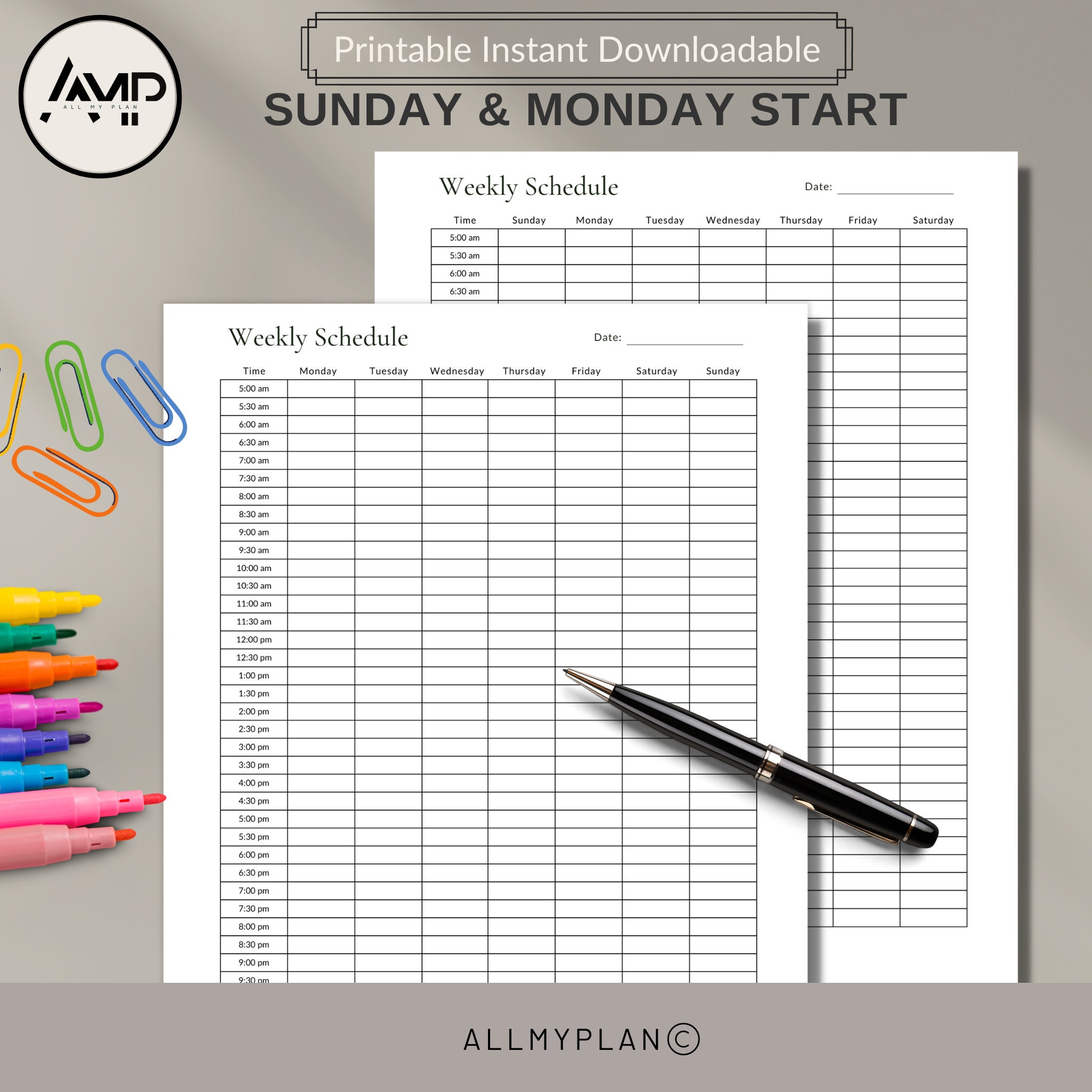 Weekly half hour schedule weekly planner 5am 11pm sun mon start
