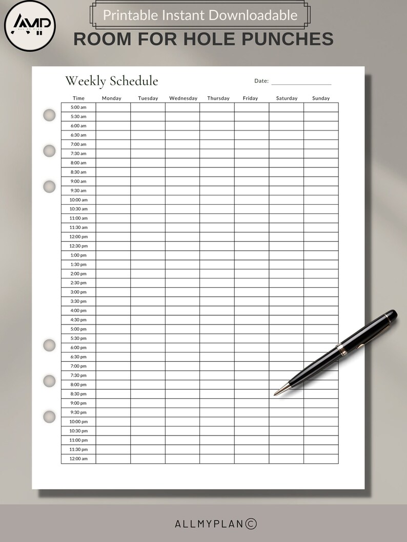 Weekly half hour schedule weekly planner 5am 11pm sun mon start