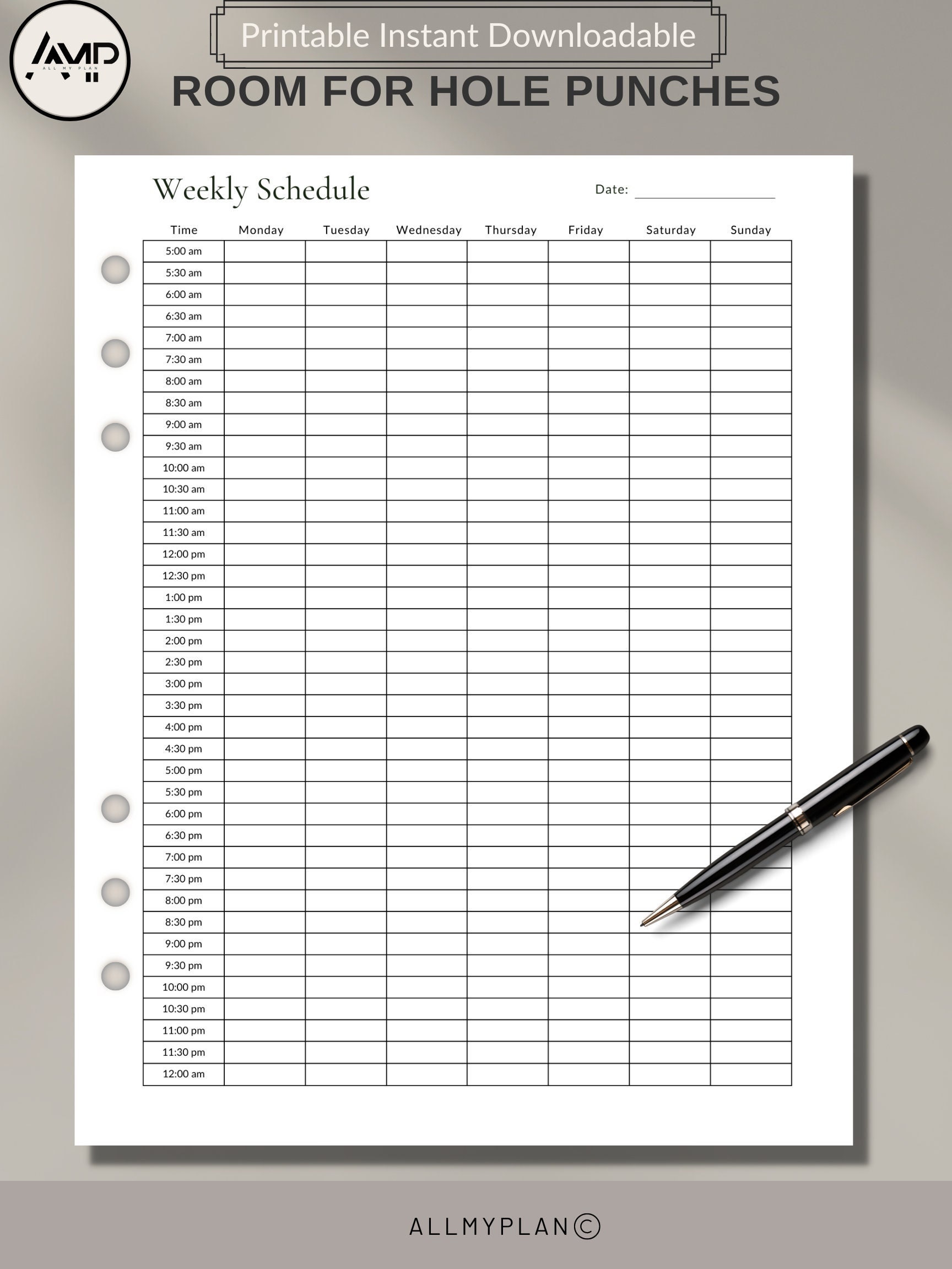 Weekly Half Hour Schedule | Weekly Planner: 5am-11pm |sun/mon Start | A4/a5/letter Size ...