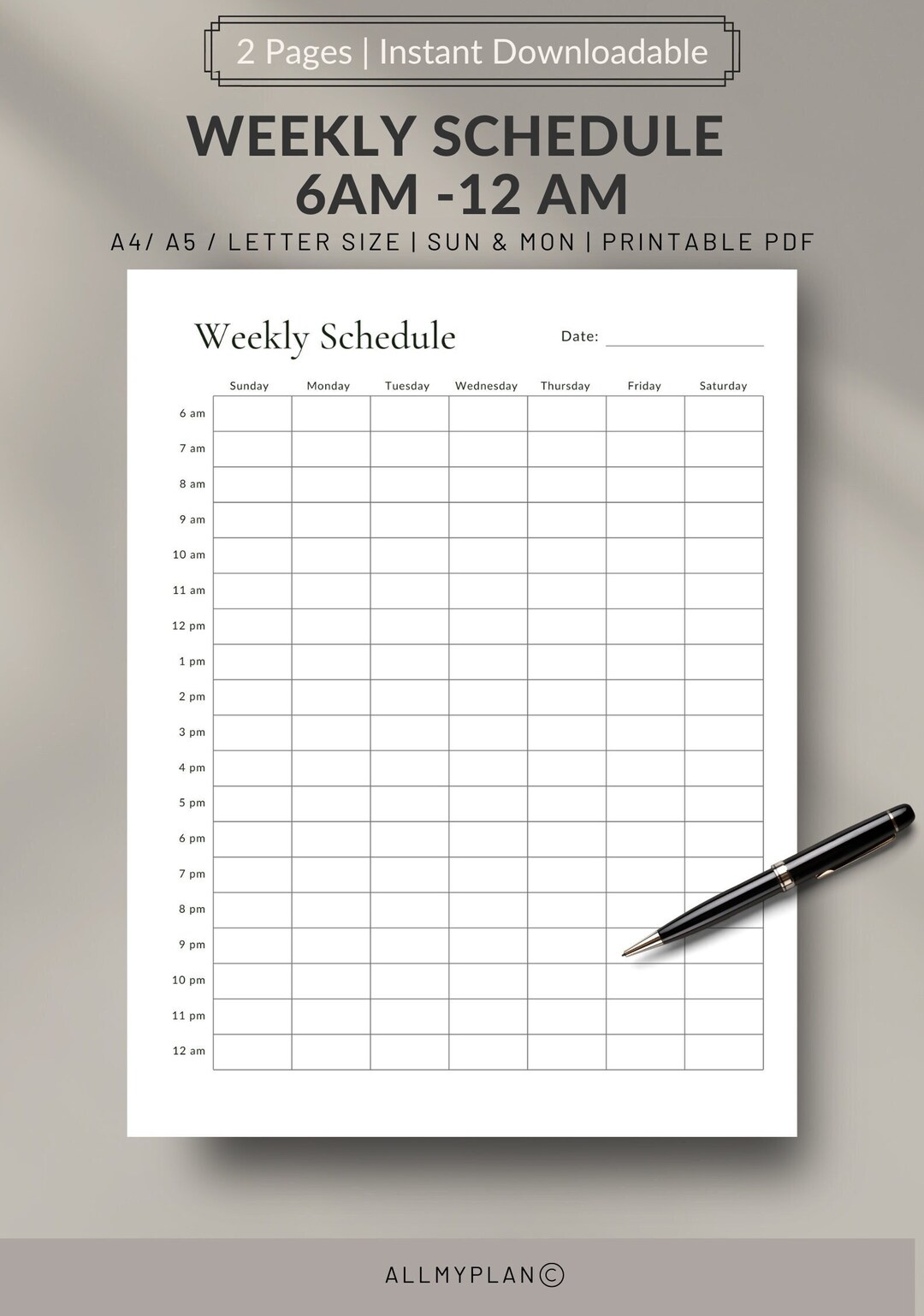 Printable Weekly Schedule Planner 6am-12am Productive Time Management ...