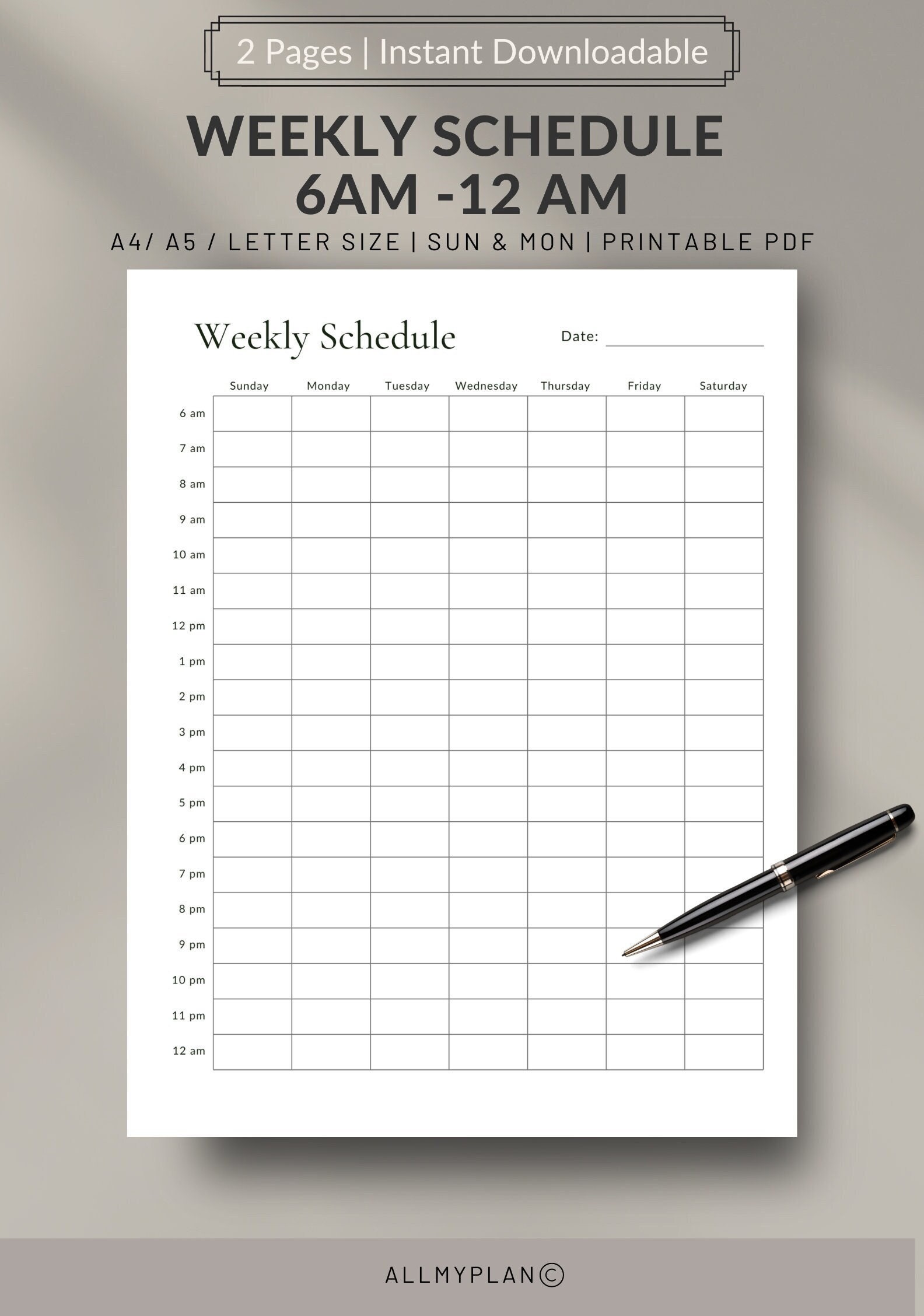 Printable Weekly Schedule Planner 6am-12am Productive Time Management ...
