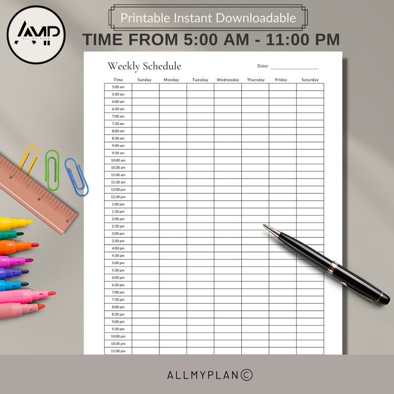Weekly Half Hour Schedule | Weekly Planner: 5am-11pm |sun/mon Start | A4/a5/letter Size ...