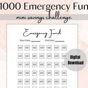 Puede incluir: Un rastreador de mini desafío de ahorro para un fondo de emergencia de $1000 imprimible. El rastreador es una cuadrícula de 50 cuadrados, cada uno representando $20. El texto "Fondo de emergencia" está escrito en cursiva en la parte superior de la página. Los textos "Fecha de inicio" y "Fecha de finalización" están escritos debajo del título.