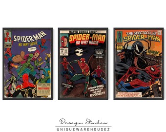 Affiche vintage de Spiderman | Ensemble de 3 affiches | Poster Spiderman | Affiche du film Spiderman | Décoration murale Spiderman