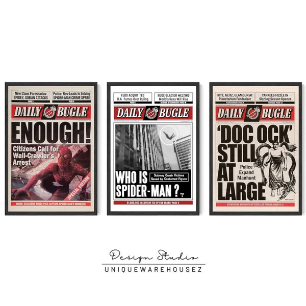 Poster vintage di Spiderman / Poster del giornale Spiderman / Set di 3 poster / Poster del film Spiderman / Spiderman Wall Art / Regalo di San Valentino