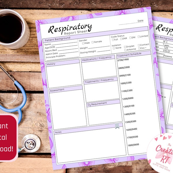 Respiratory Therapy Report Sheet Purple, Respiratory Treatment Schedule, Med Surg Report Sheet, Respiratory Nurse Report, Instant Download