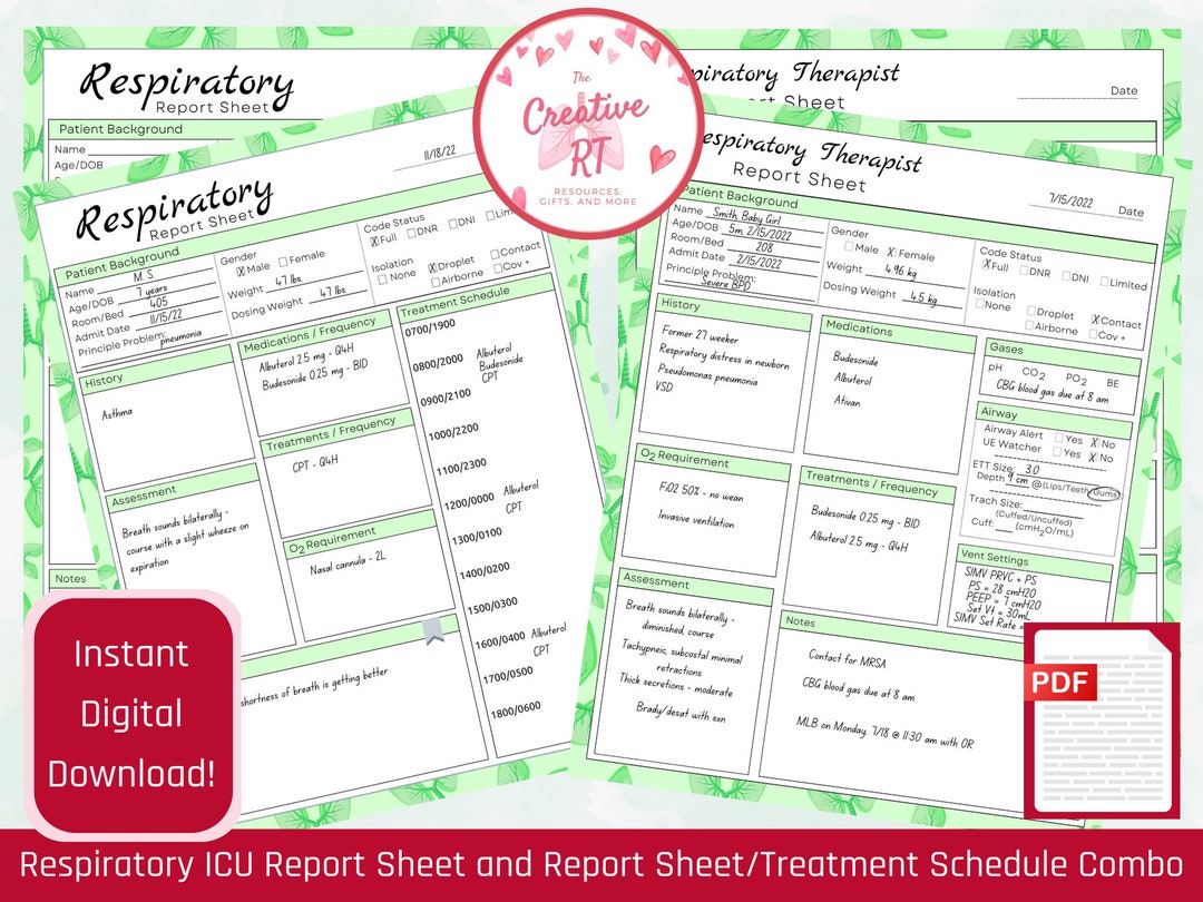 Respiratory Report Sheet Combo, Respiratory Treatment Schedule, Med