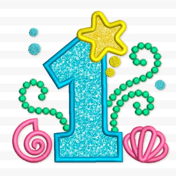 Mermaid Number 1 Applique  Machine Embroidery Design Monogram for Girls 3 sizes: 4x4, 5x7, 6x10 hoop